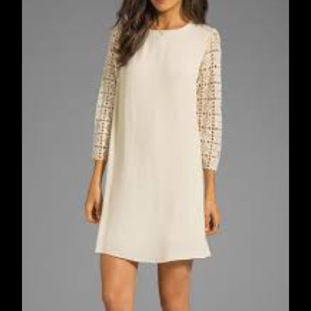 Long Sleeve Dress with Lace Sleeve in Beige - S